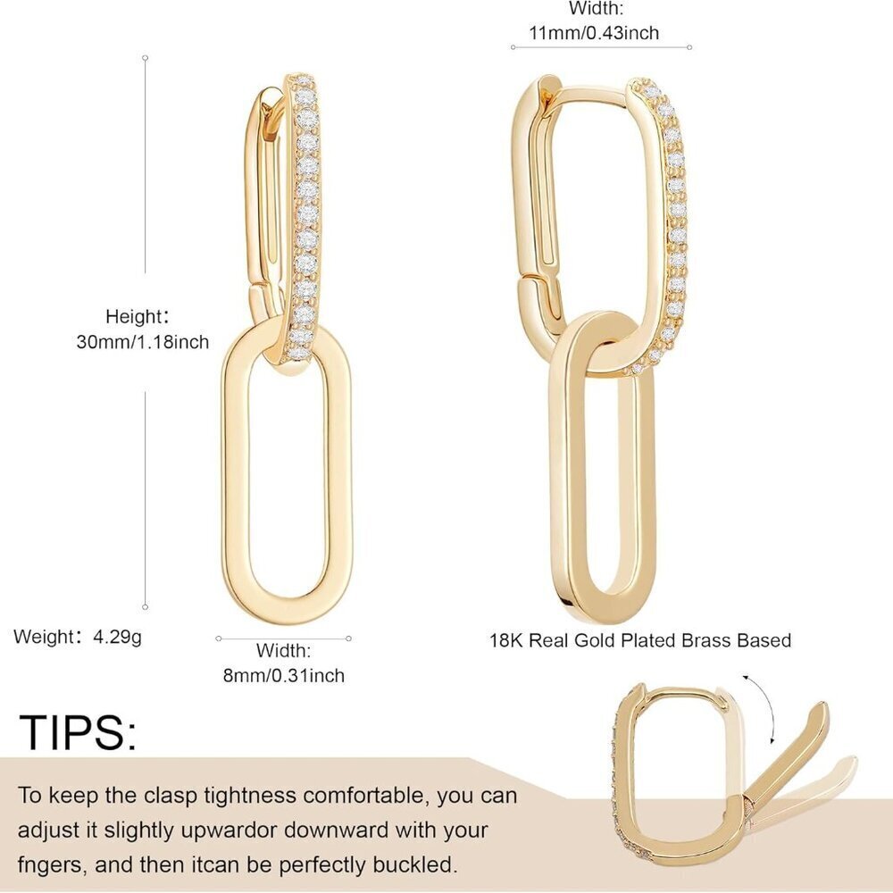 18K Gold Plated Paperclip Earrings for Women Convertible Dangle Hoops - Picture 4 of 9